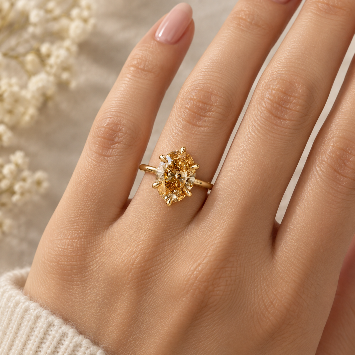 Oval Cut Fancy Champagne  Diamond Solitaire Engagement   Ring in 14K Yellow Gold