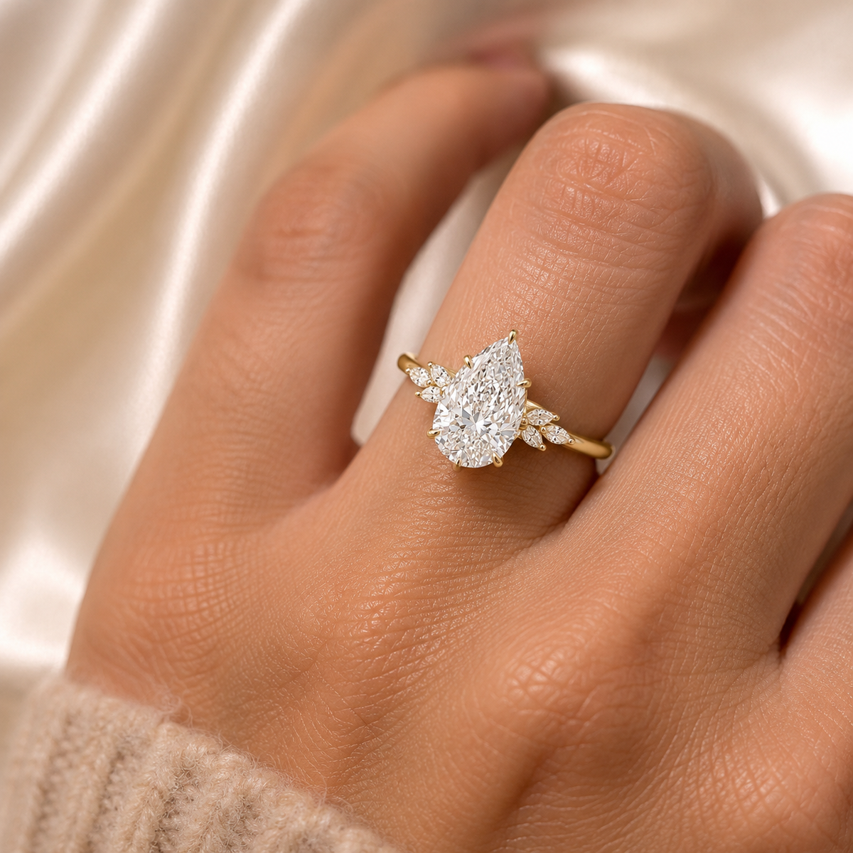 Pear Cut Diamond Engagement Ring with Floral Accent Diamonds in 14K Yellow Gold