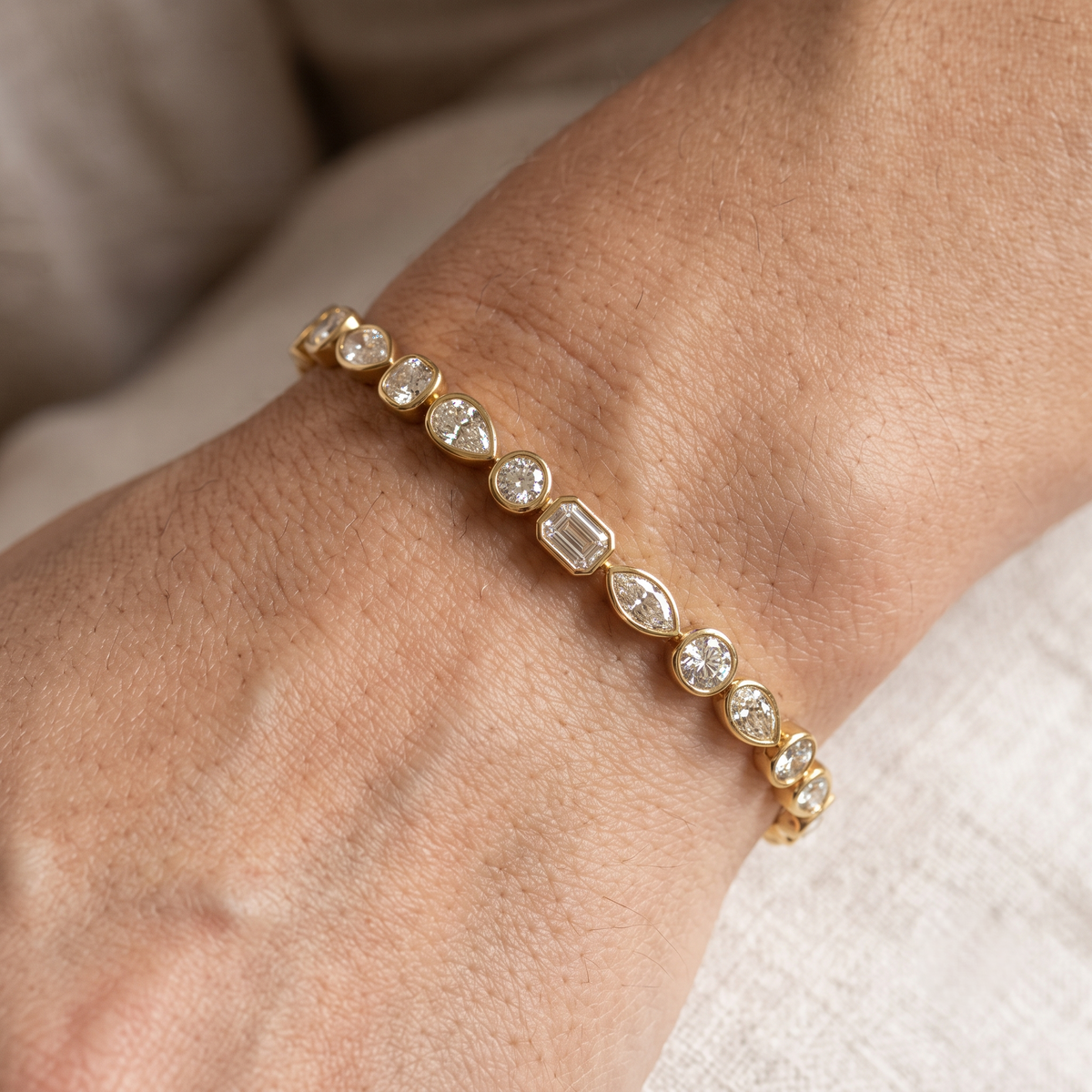 Lab Grown Diamond   Multi Shape Bezel Set Tennis Bracelet in 14K Yellow Gold