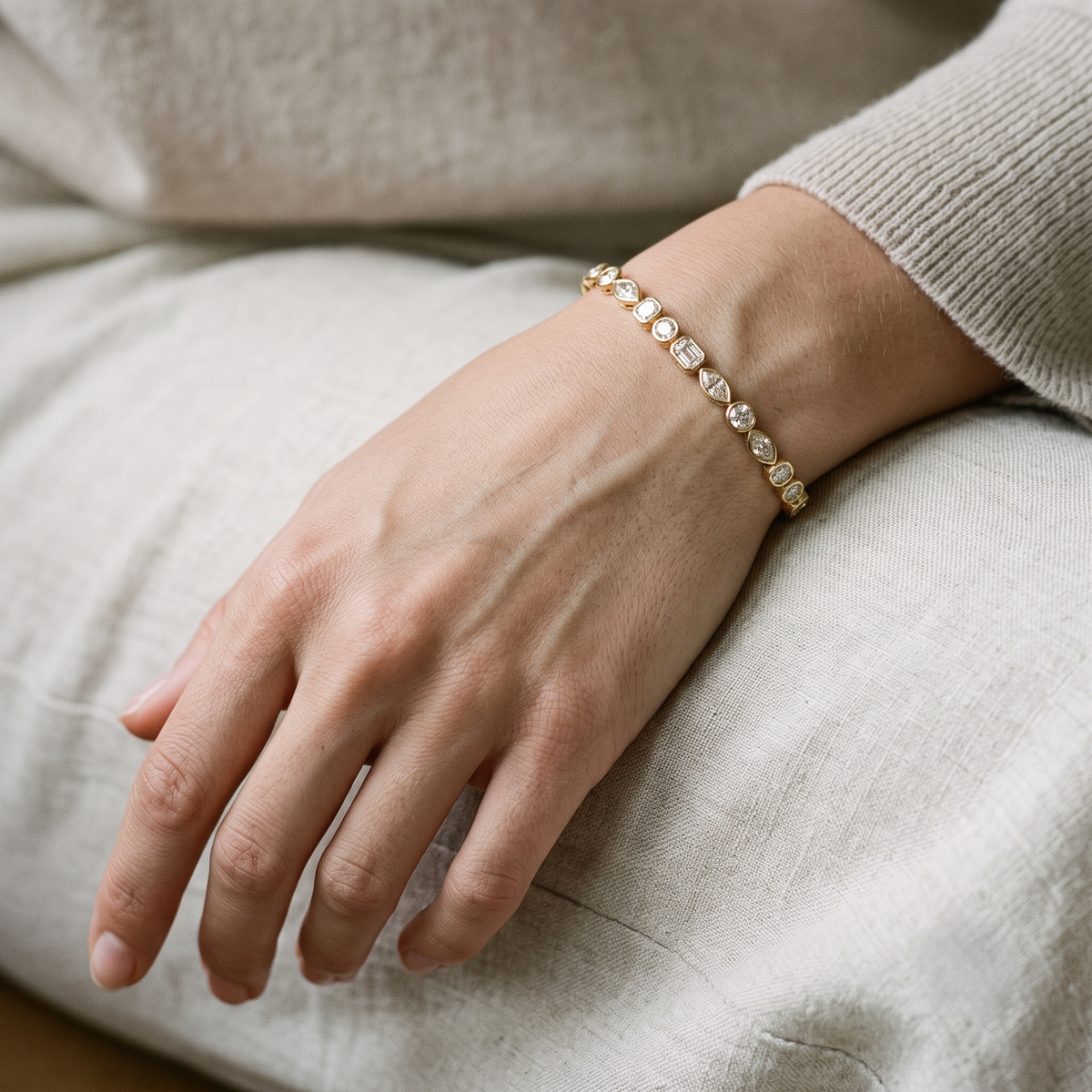 Lab Grown Diamond   Multi Shape Bezel Set Tennis Bracelet in 14K Yellow Gold