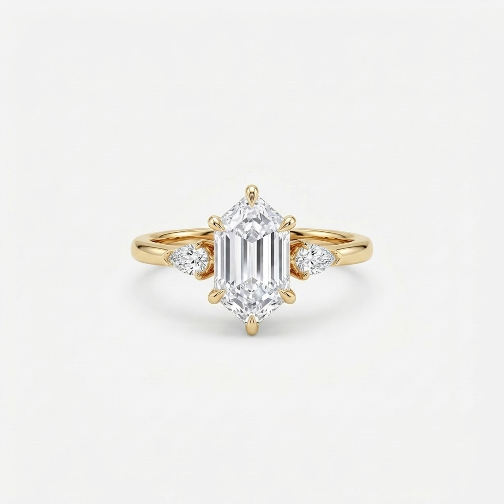 Lab Grown Diamond Elongated Hexagon Cut Three-Stone Pear Side Accent Engagement Ring IGI Certified in 14K Yellow Gold