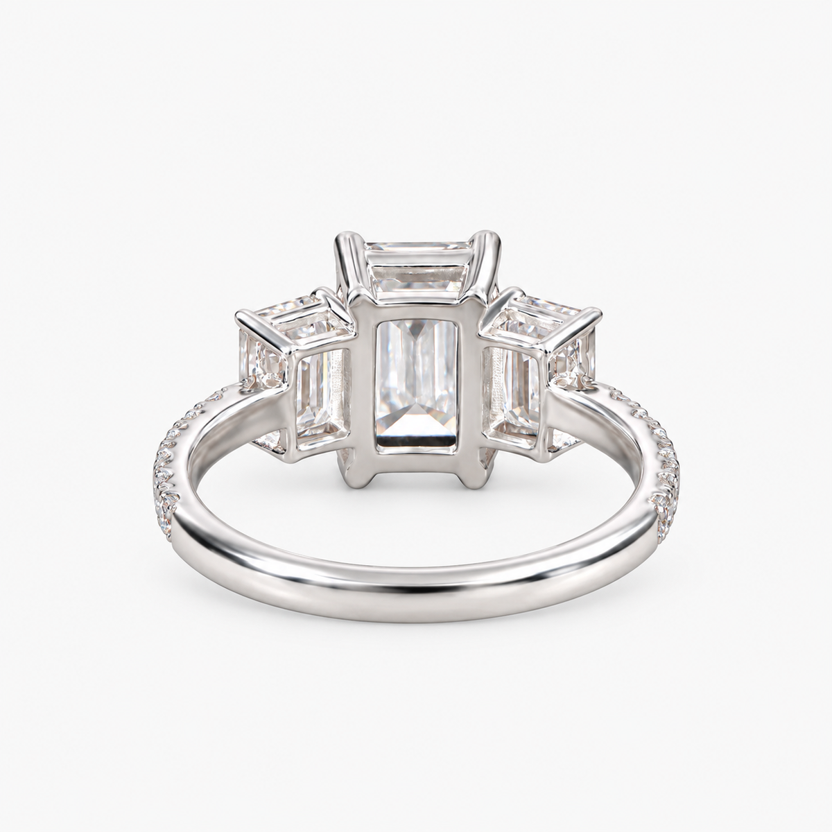 Lab Grown Diamond Emerald Cut Three-Stone Pavé Band Engagement Ring with Emerald Side Accents IGI Certified in 14K Yellow Gold