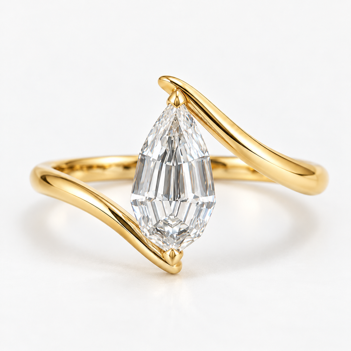 Lab Grown Diamond Pear Step Cut Modern Bypass Wave Solitaire Engagement Ring IGI Certified in 14K Yellow Gold
