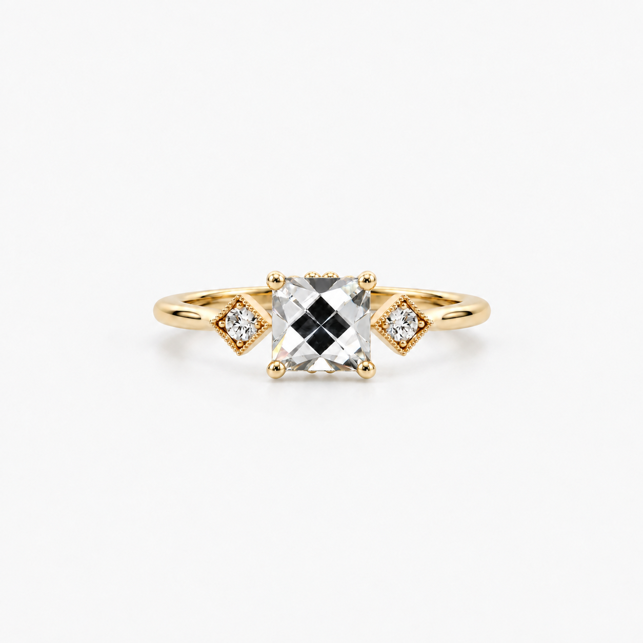 Lab Grown Diamond Square French Cut Beaded Edge Three-Stone Diamond Frame Side Accent Engagement Ring IGI Certified in 14K Yellow Gold