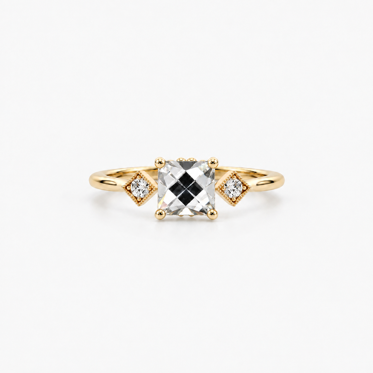 Lab Grown Diamond Square French Cut Beaded Edge Three-Stone Diamond Frame Side Accent Engagement Ring IGI Certified in 14K Yellow Gold