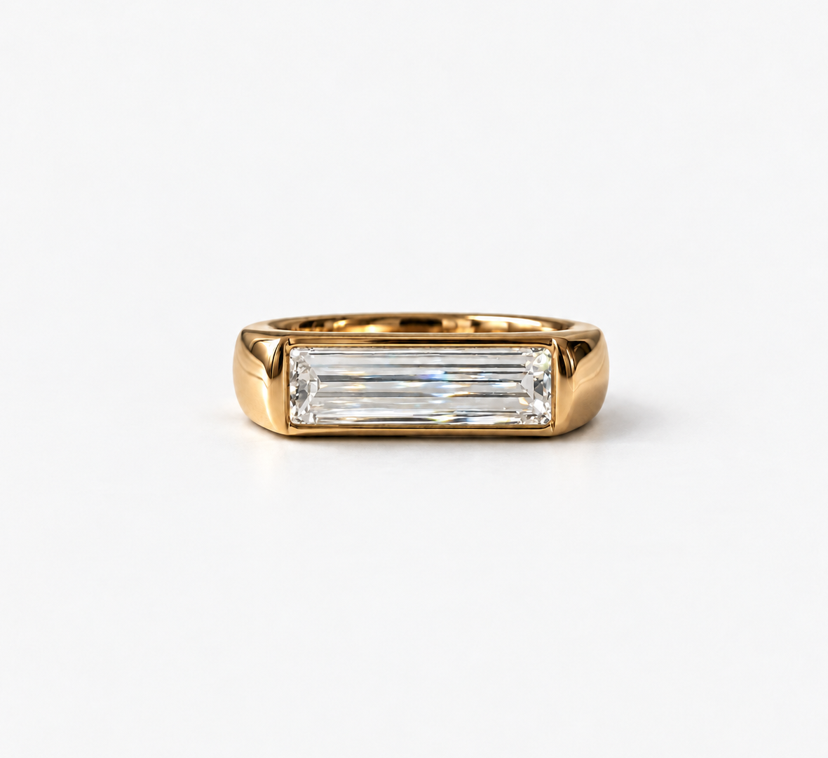 Lab Grown Diamond Straight Baguette Cut East-West Flush Bezel Thick Signet Band Engagement Ring IGI Certified in 14K Yellow Gold