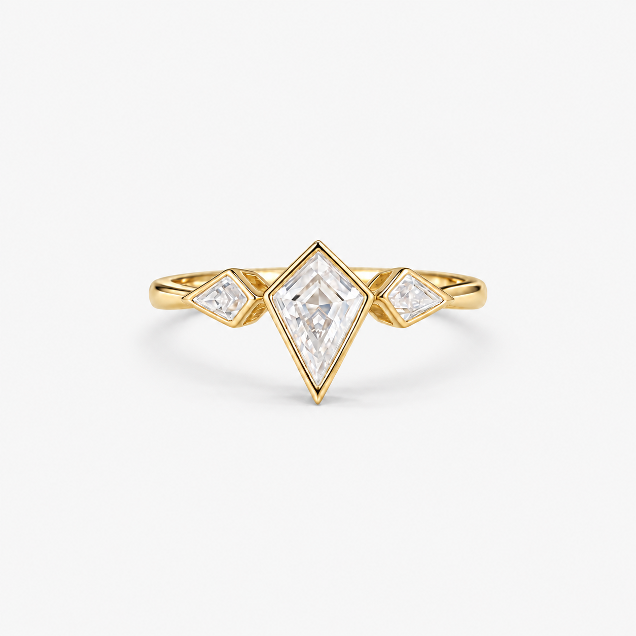 Lab Grown Diamond Kite Cut Bezel Three-Stone Ring with Kite Side Accents Engagement Ring IGI Certified in 14K Yellow Gold