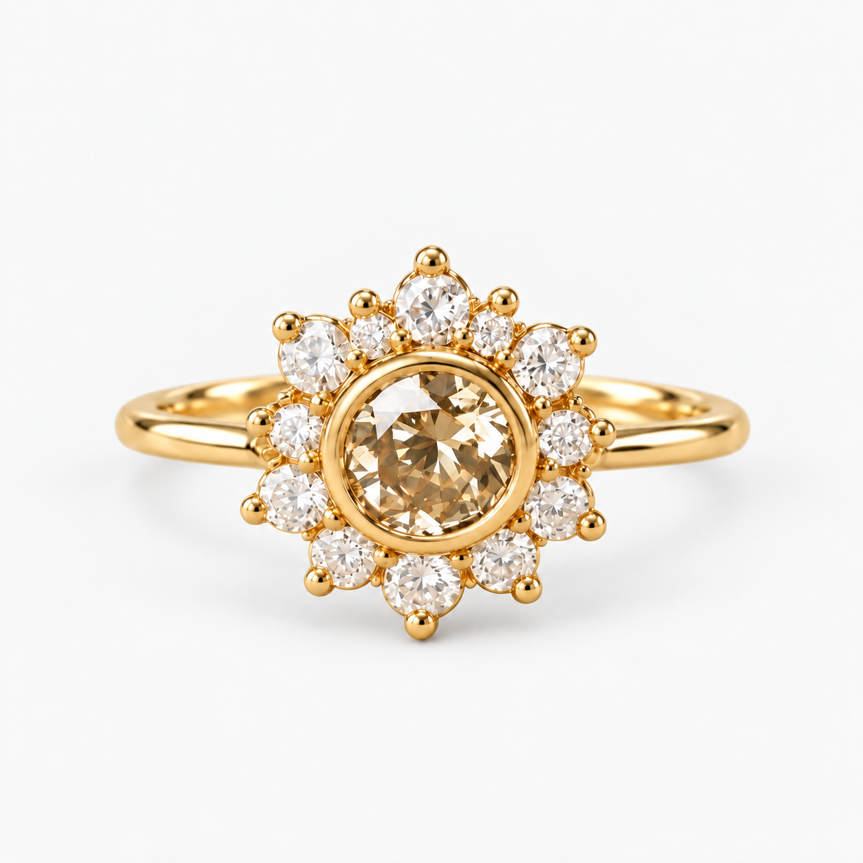 Round Cut Champagne Diamond Halo Engagement Ring with Diamond Cluster in 14K Yellow   Gold