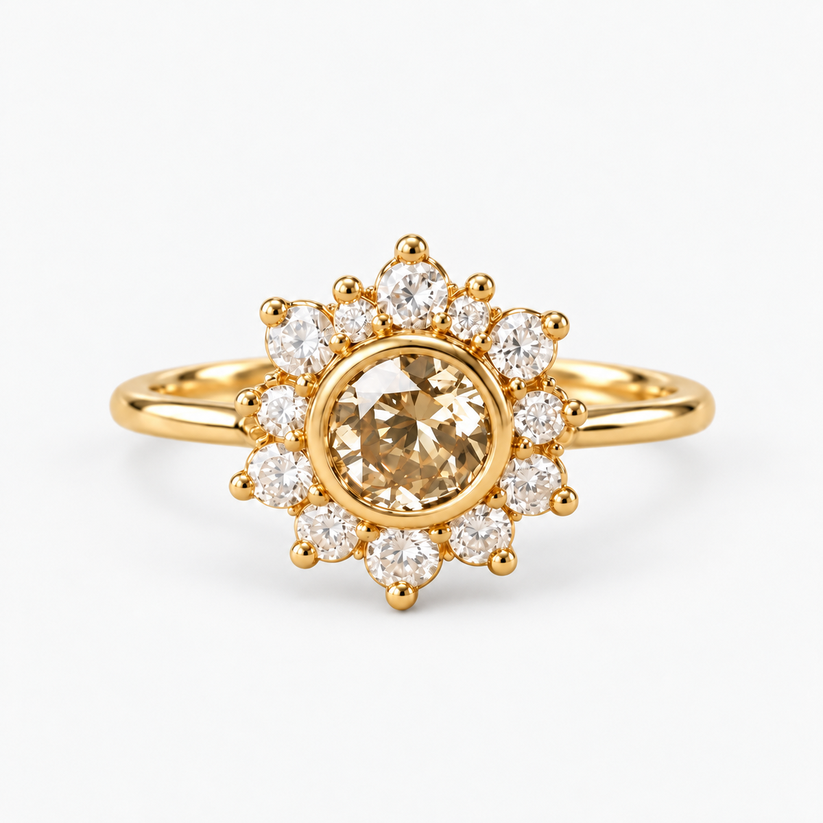 Round Cut Champagne Diamond Halo Engagement Ring with Diamond Cluster in 14K Yellow   Gold