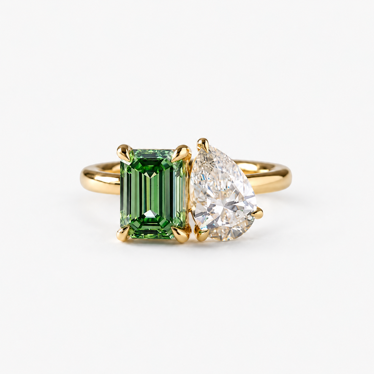 Lab Grown Diamond Emerald Cut Green & Pear Cut White Lab Grown Diamond Toi et Moi Two Stone Engagement Ring in 14K Yellow Gold