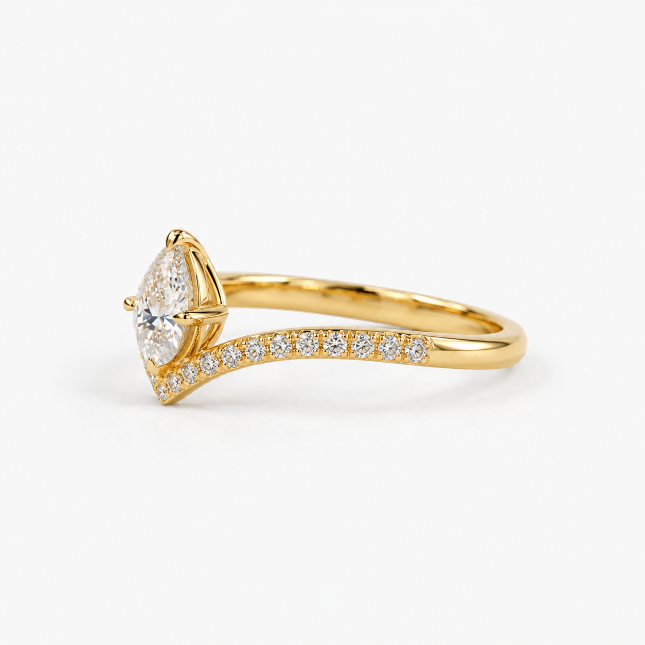 Lab Grown Diamond Pear Cut Pave Chevron V-Band Engagement Ring IGI Certified in 14K Yellow Gold