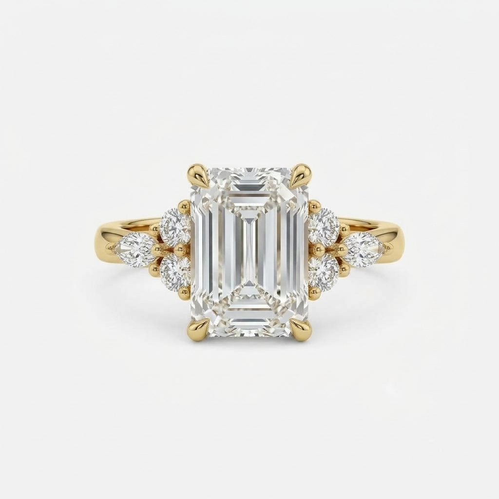Lab Grown Diamond Emerald Cut Engagement Ring with Marquise & Round Side Stones IGI Certified in 14K Yellow Gold