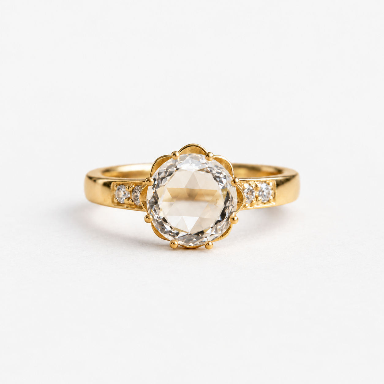 Lab Grown Diamond Round Rose Portrait Cut Lab Grown Diamond Vintage Floral Prong Set Engagement Ring with Diamond Accent Band in 14K Yellow Gold
