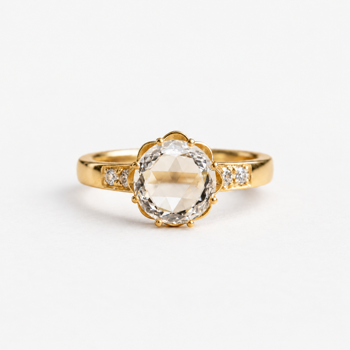 Lab Grown Diamond Round Rose Portrait Cut Lab Grown Diamond Vintage Floral Prong Set Engagement Ring with Diamond Accent Band in 14K Yellow Gold