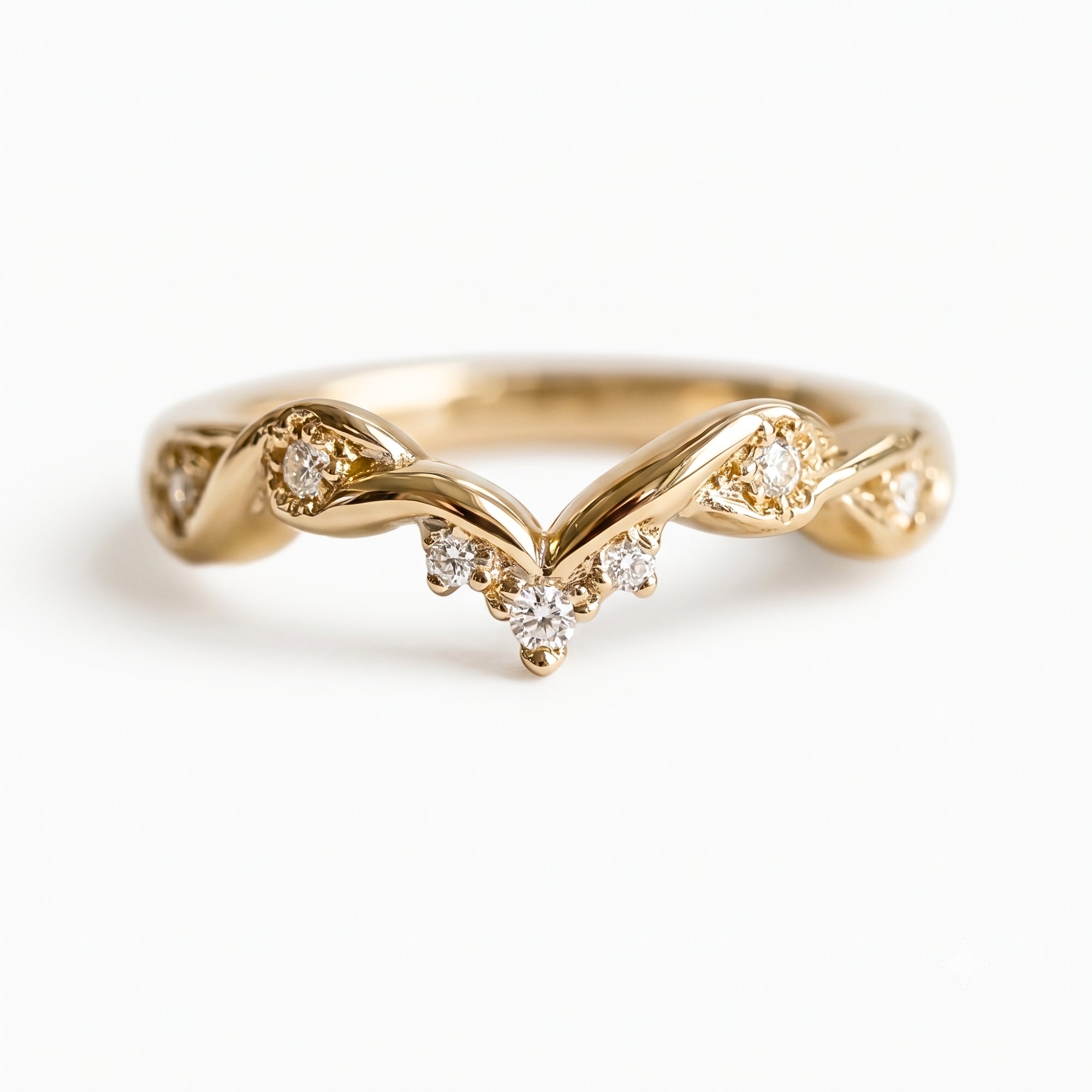 Lab Grown Diamond V-Shaped Chevron Wedding Band with Sculptural Gold Design and Round Diamond Accents in 14K Yellow Gold