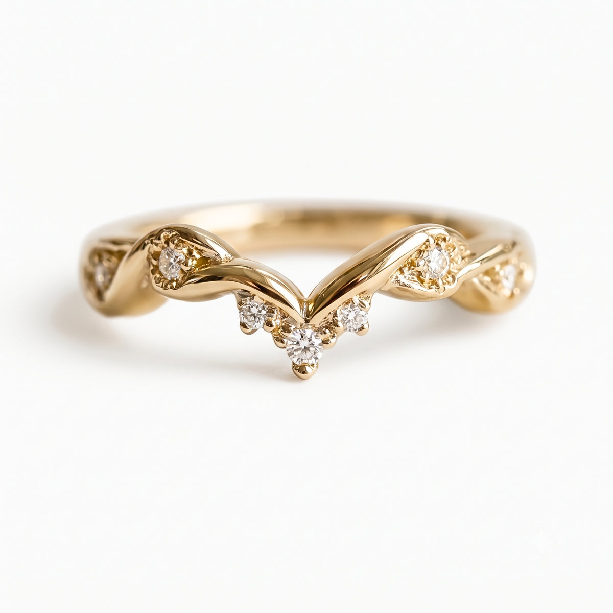 Lab Grown Diamond V-Shaped Chevron Wedding Band with Sculptural Gold Design and Round Diamond Accents in 14K Yellow Gold