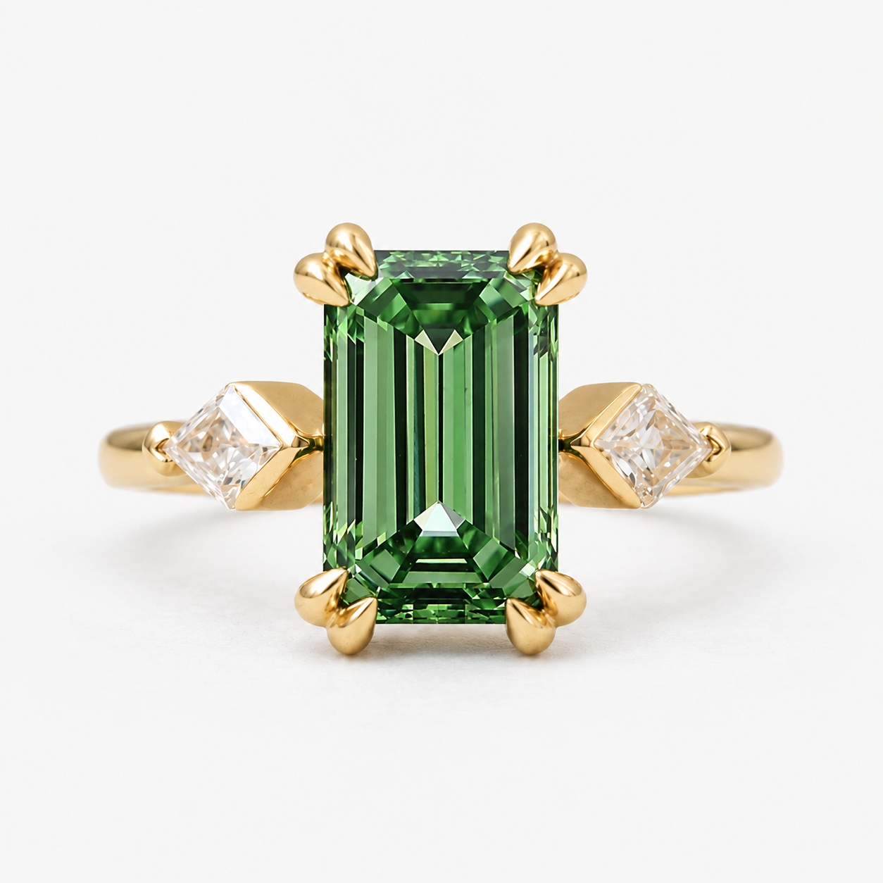 Lab Grown Green Emerald Cut Three Stone Engagement Ring with Trillion Diamond Side Accents in 14K Yellow Gold