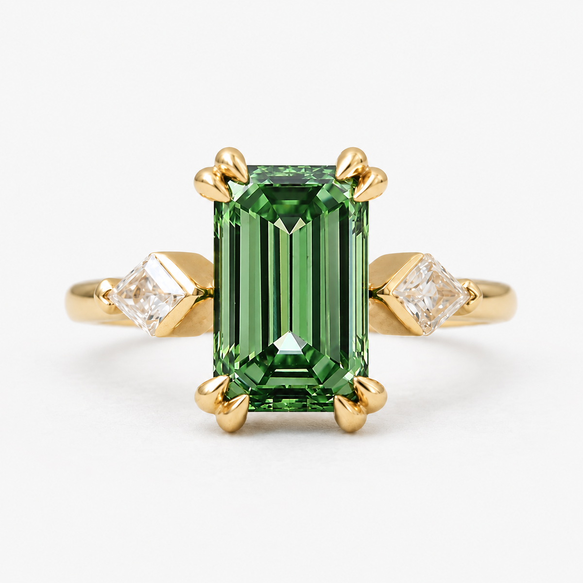 Lab Grown Green Emerald Cut Three Stone Engagement Ring with Trillion Diamond Side Accents in 14K Yellow Gold
