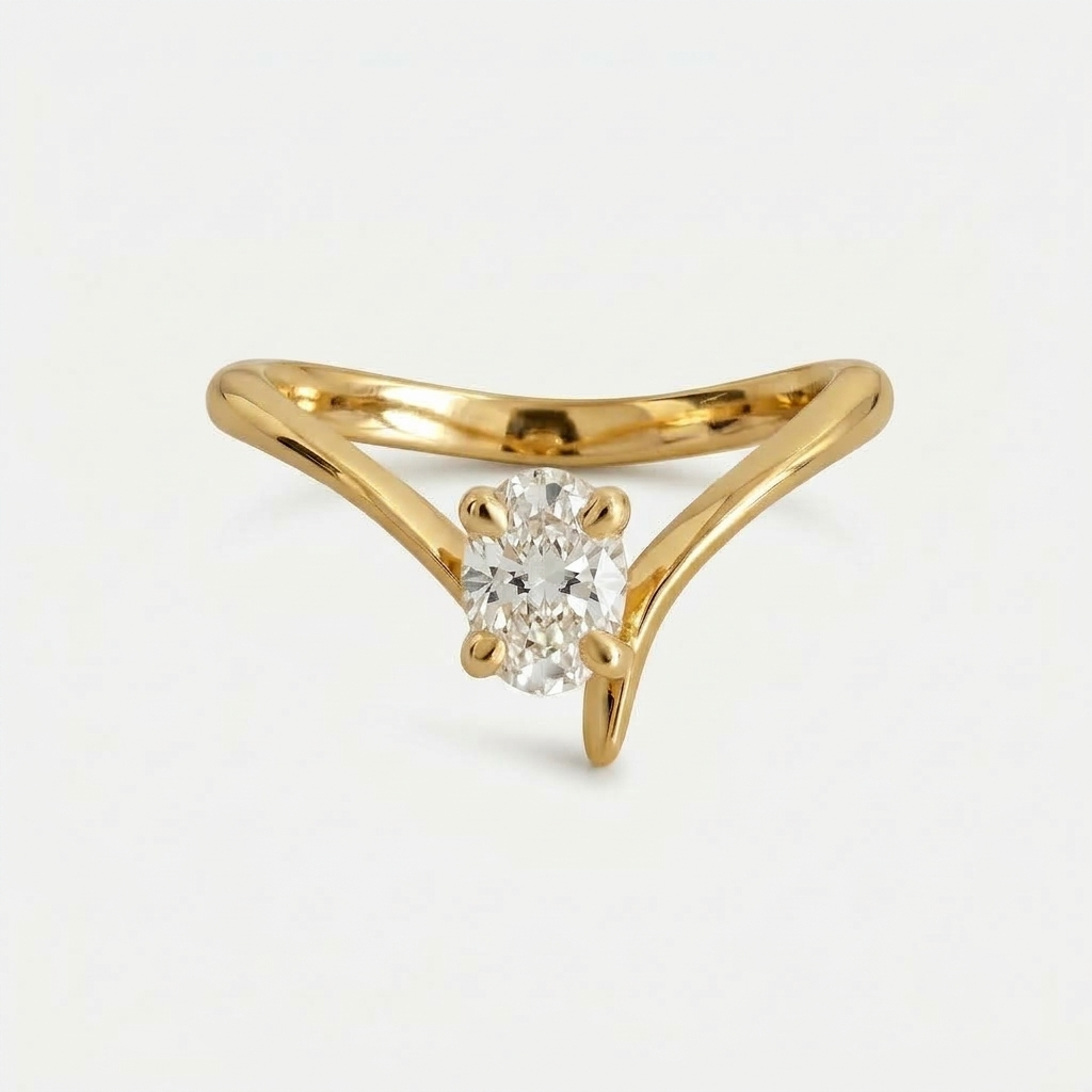 Lab Grown Diamond Oval Cut Chevron Curved Solitaire Engagement Ring IGI Certified in 14K Yellow Gold