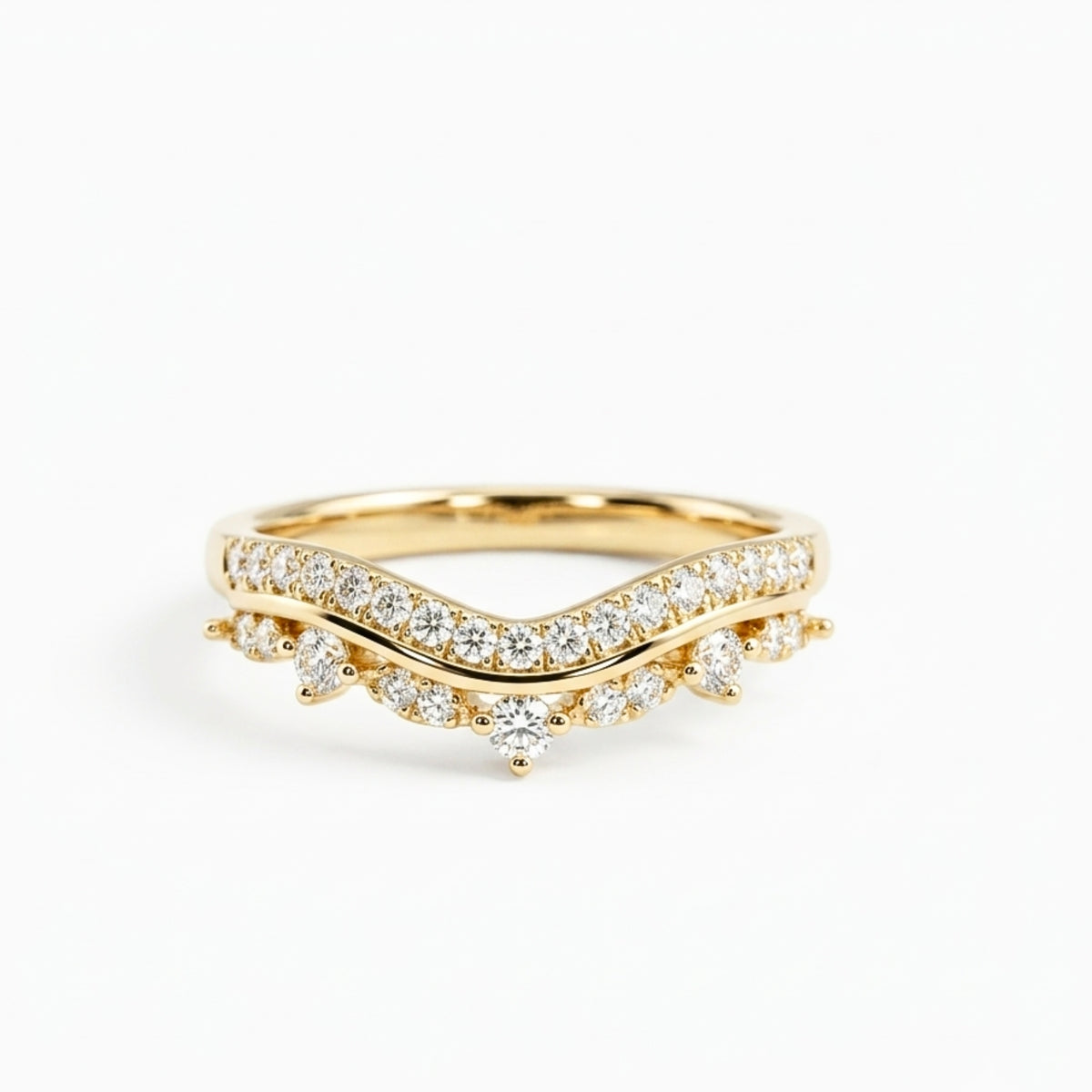 Lab Grown Diamond   Curved Chevron Pave Wedding Band with Round Diamond Accents in 14K Yellow   Gold