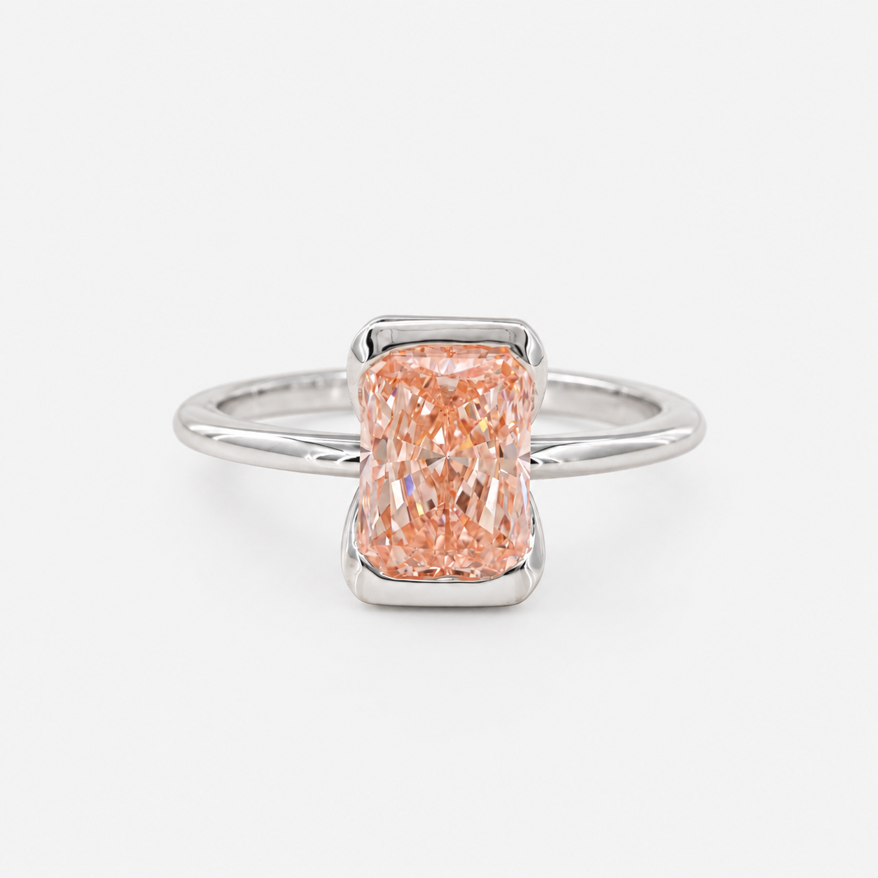 Lab Grown Diamond Fancy Pinkish Peach Radiant Cut Half Bezel Floating Frame Solitaire Engagement Ring IGI Certified in 14K Yellow Gold