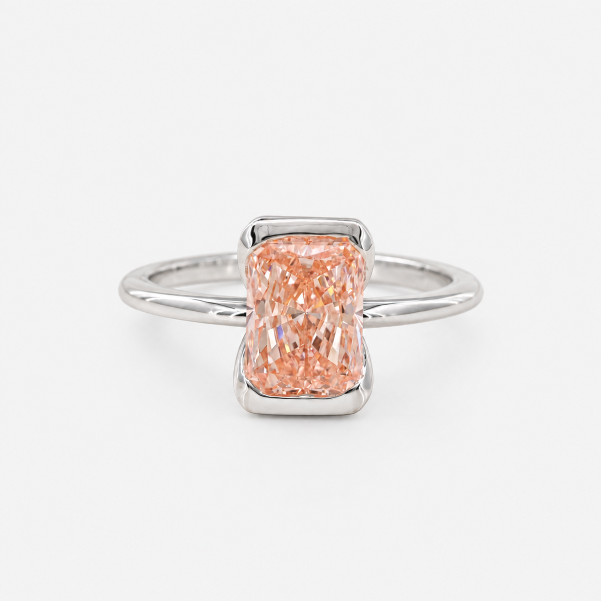Lab Grown Diamond Fancy Pinkish Peach Radiant Cut Half Bezel Floating Frame Solitaire Engagement Ring IGI Certified in 14K Yellow Gold