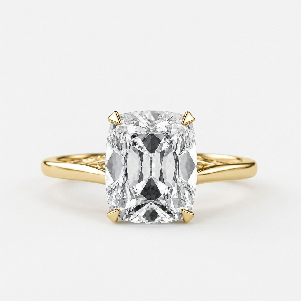 Lab Grown Diamond Elongated Old Mine Cushion Cut Solitaire Engagement Ring IGI Certified in 14K Yellow Gold