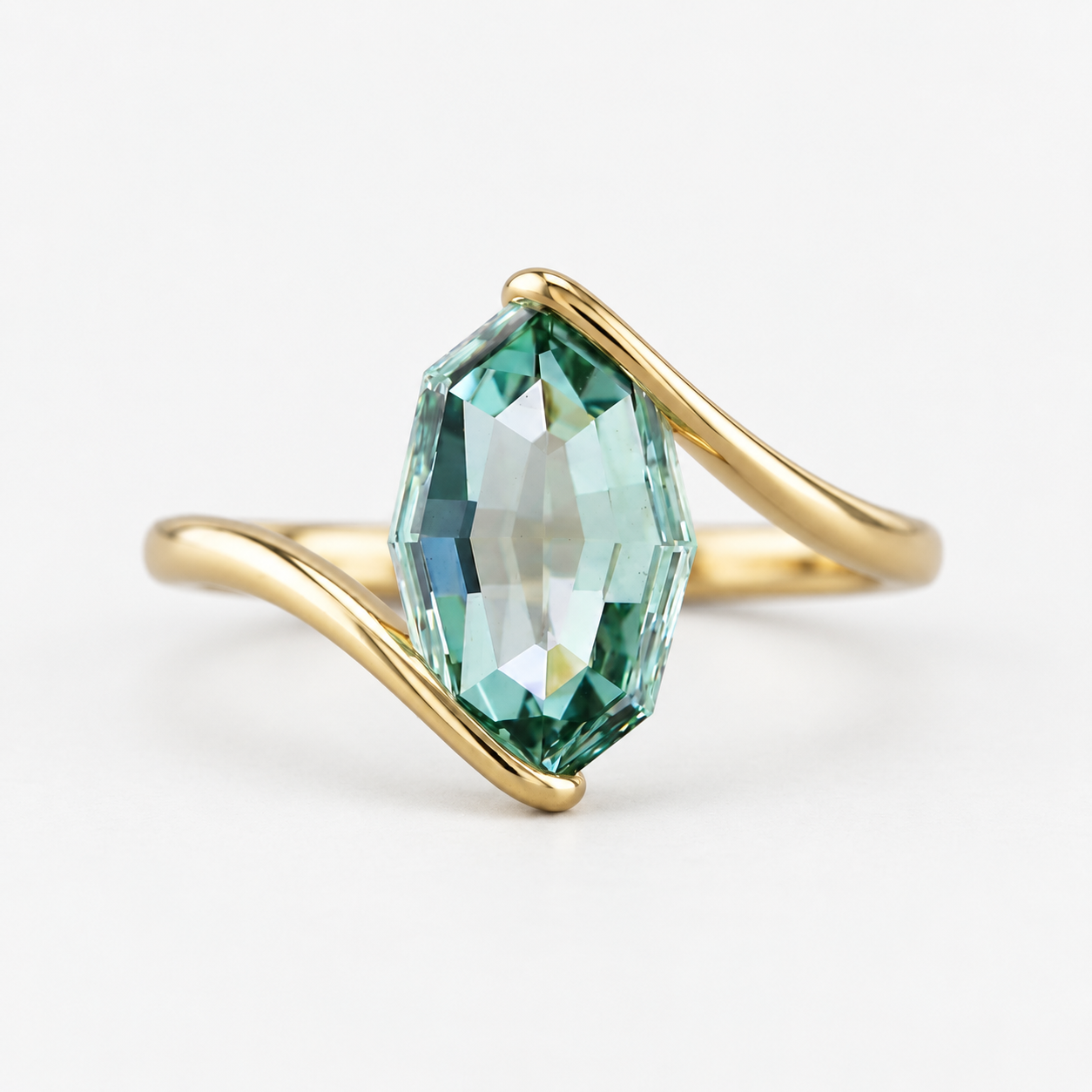 Step Cut Marquise Green Lab Grown Diamond Bypass Solitaire Engagement Ring in 14K Yellow Gold