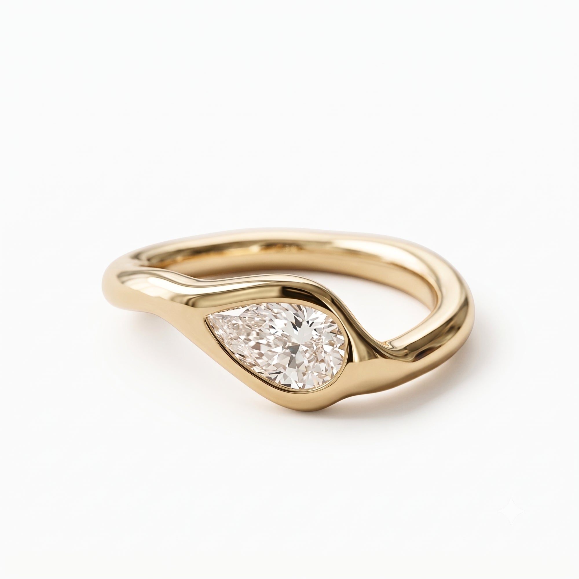 Lab Grown Diamond Pear Cut East-West Organic Wavy Bezel Engagement Ring IGI Certified in 14K Yellow Gold
