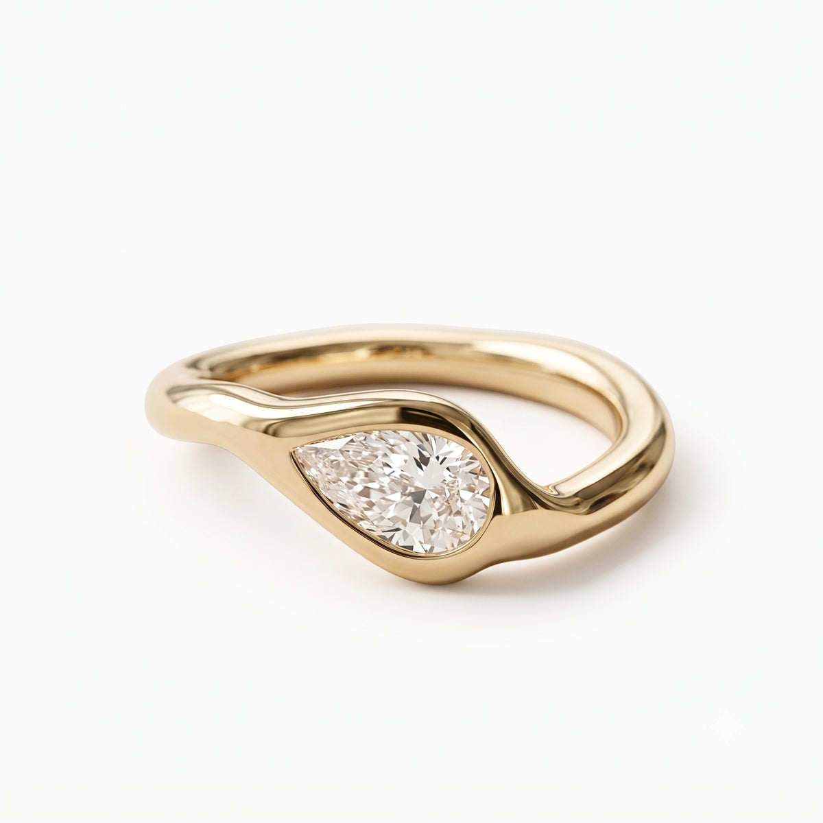 Lab Grown Diamond Pear Cut East-West Organic Wavy Bezel Engagement Ring IGI Certified in 14K Yellow Gold