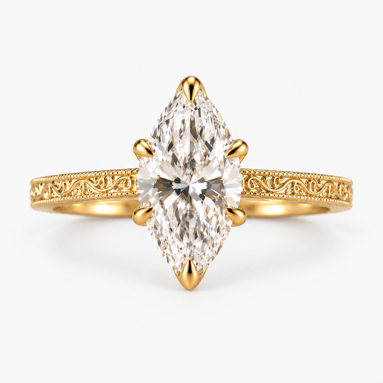 Marquise Cut Lab Grown Diamond Vintage Filigree Engagement Ring in 14K Yellow Gold