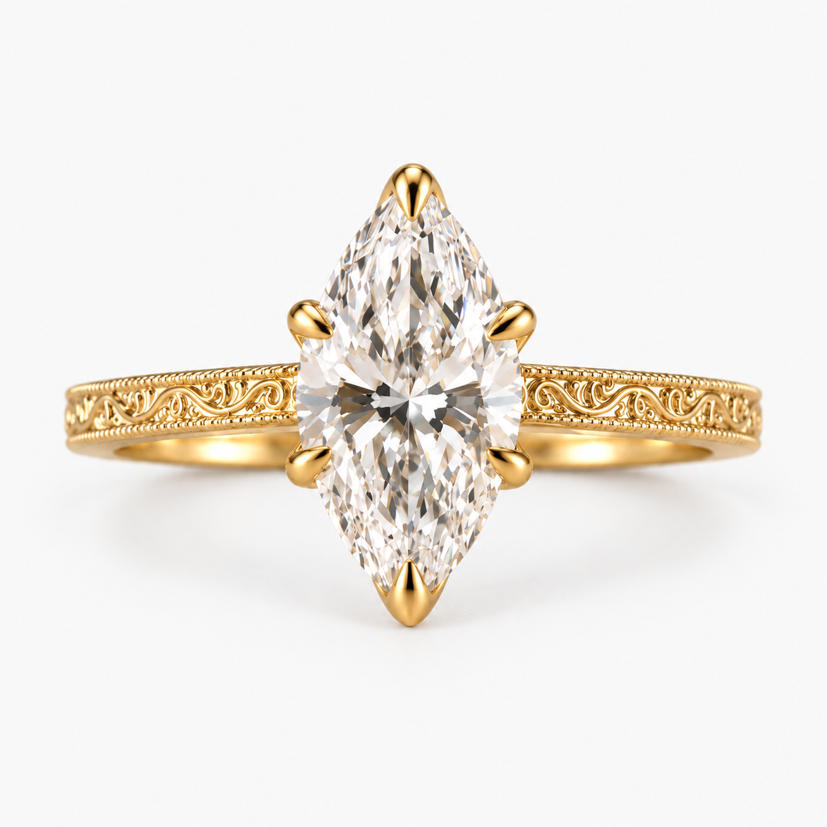 Marquise Cut Lab Grown Diamond Vintage Filigree Engagement Ring in 14K Yellow Gold