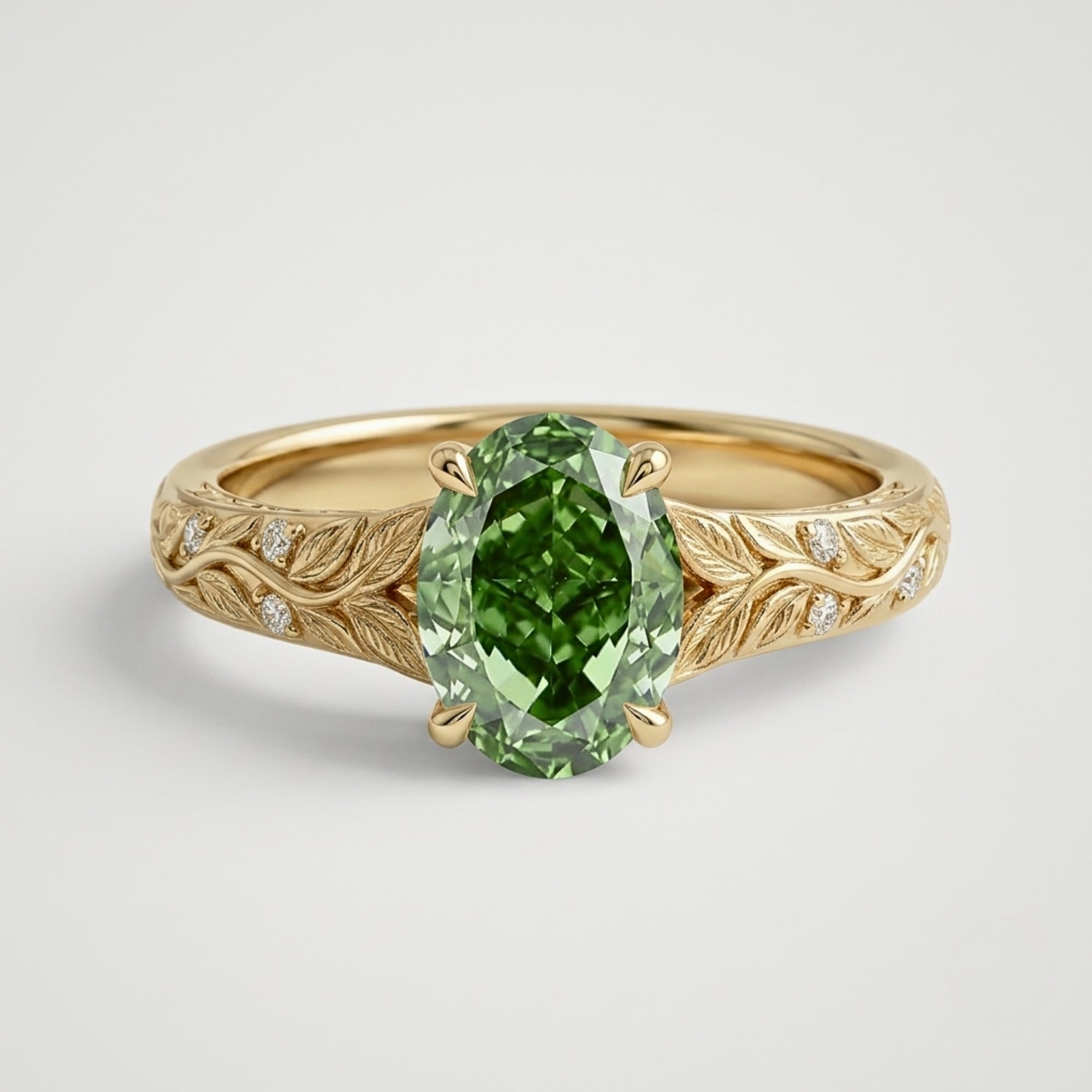 Lab Grown Diamond Oval Cut Green Diamond Nature-Inspired Leaf Engraved Vine Band Engagement Ring IGI Certified in 14K Yellow Gold