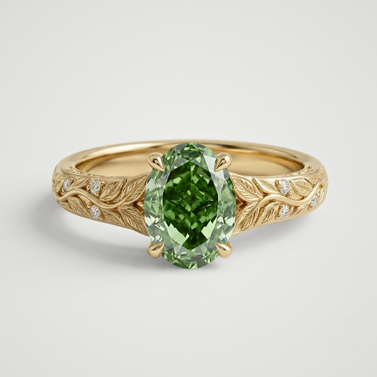 Lab Grown Diamond Oval Cut Green Diamond Nature-Inspired Leaf Engraved Vine Band Engagement Ring IGI Certified in 14K Yellow Gold