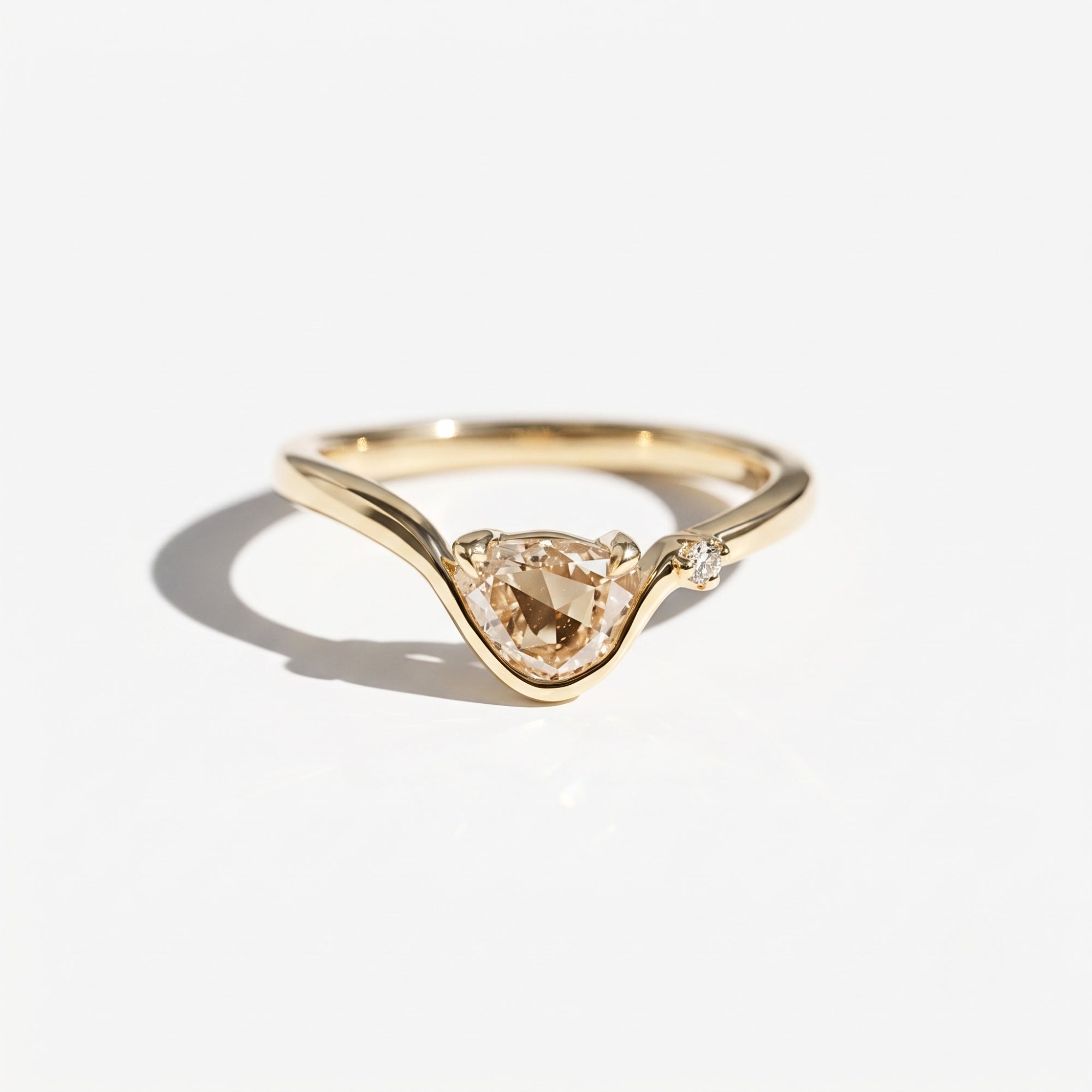 Lab Grown Diamond Uneven Cut Fancy Champagne Curved Chevron V-Band Engagement Ring with Side Accent IGI Certified in 14K Yellow Gold