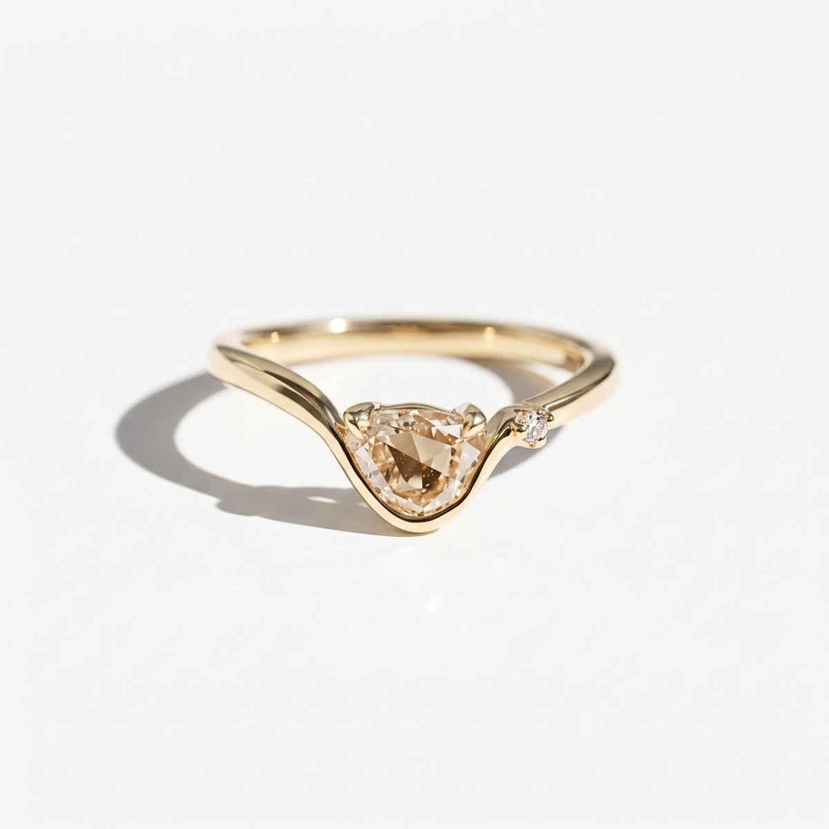 Lab Grown Diamond Uneven Cut Fancy Champagne Curved Chevron V-Band Engagement Ring with Side Accent IGI Certified in 14K Yellow Gold