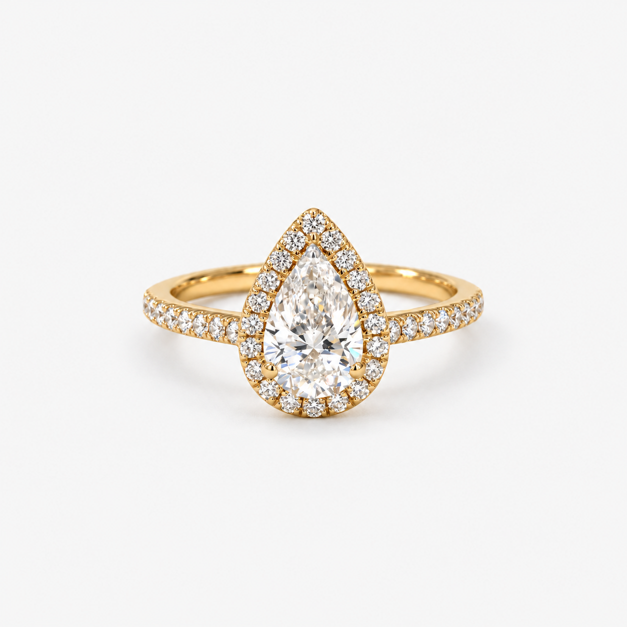 Pear Cut Halo Lab Grown Diamond Engagement Ring with Pavé Band in 14K Yellow Gold