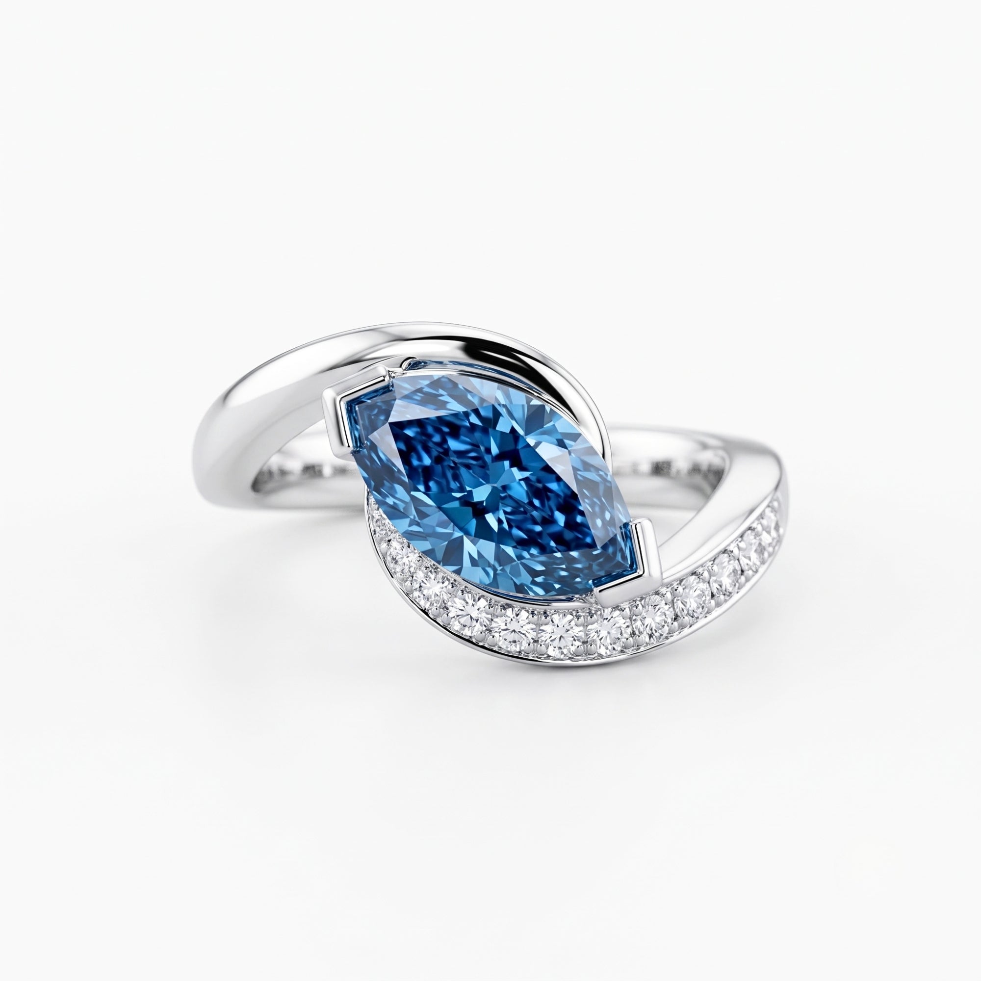 Lab Grown Diamond Fancy Blue Marquise Cut Swirl Bypass Half-Pavé Engagement Ring IGI Certified in 14K Yellow Gold