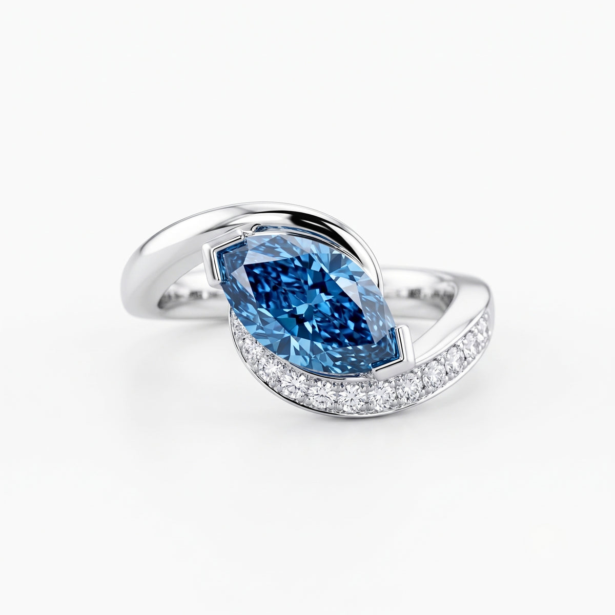 Lab Grown Diamond Fancy Blue Marquise Cut Swirl Bypass Half-Pavé Engagement Ring IGI Certified in 14K Yellow Gold