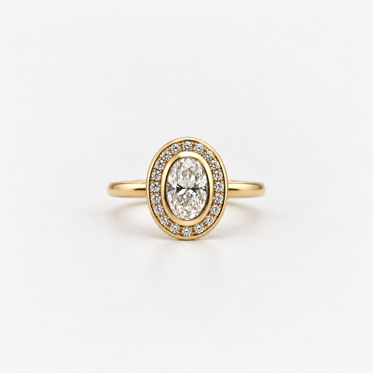 Oval Cut Bezel Halo Lab Grown Diamond Engagement Ring in 14K Yellow Gold