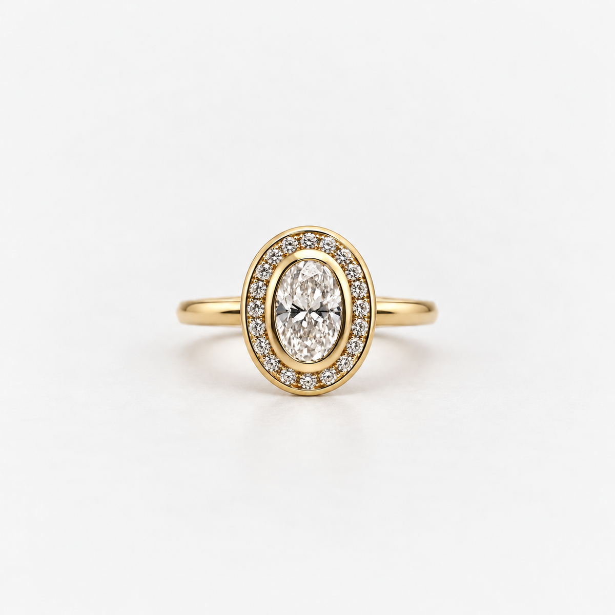 Oval Cut Bezel Halo Lab Grown Diamond Engagement Ring in 14K Yellow Gold
