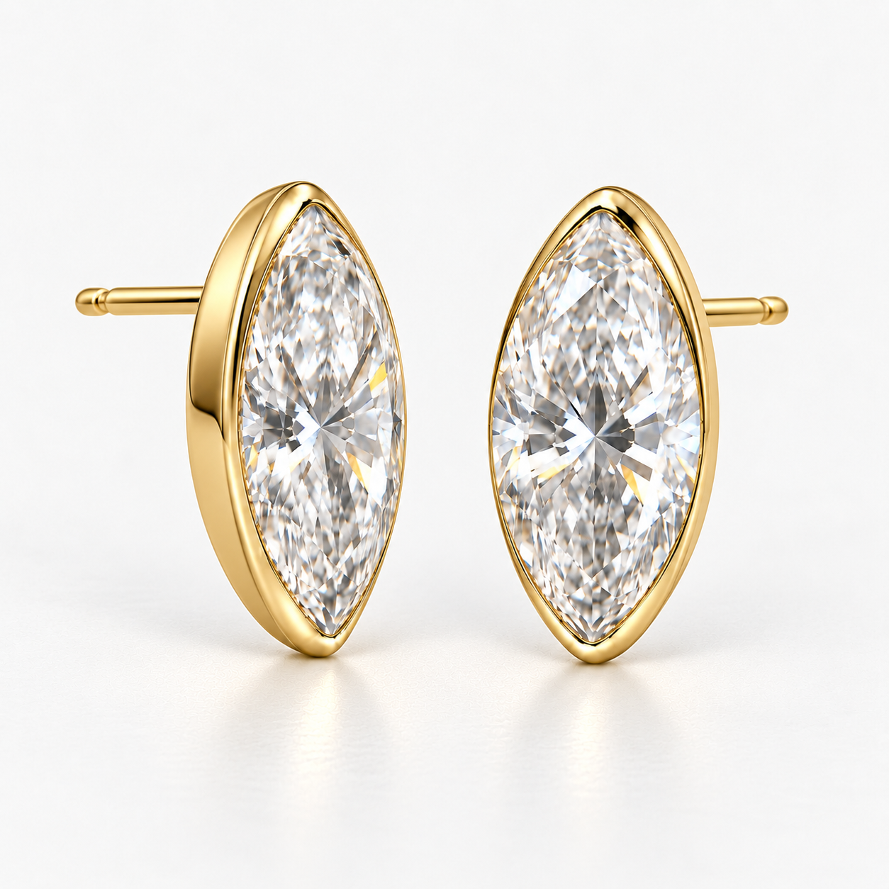 Lab Grown Diamond Moval Cut Modified Brilliant Cut Bezel Stud Earrings IGI Certified in 14K Yellow Gold