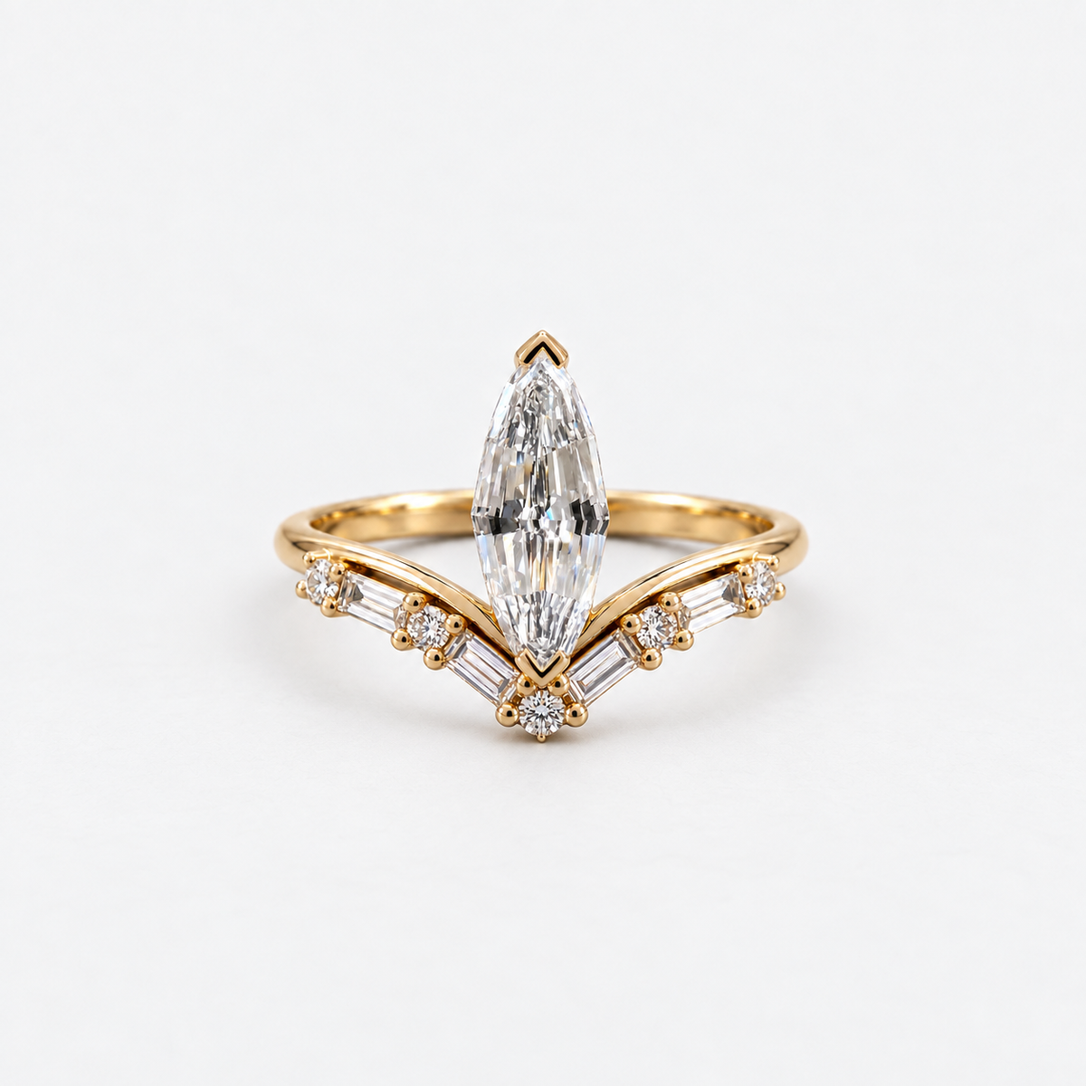 Lab Grown Diamond Marquise Step Cut Curved Chevron V-Band Baguette and Round Accent Engagement Ring IGI Certified in 14K Yellow Gold