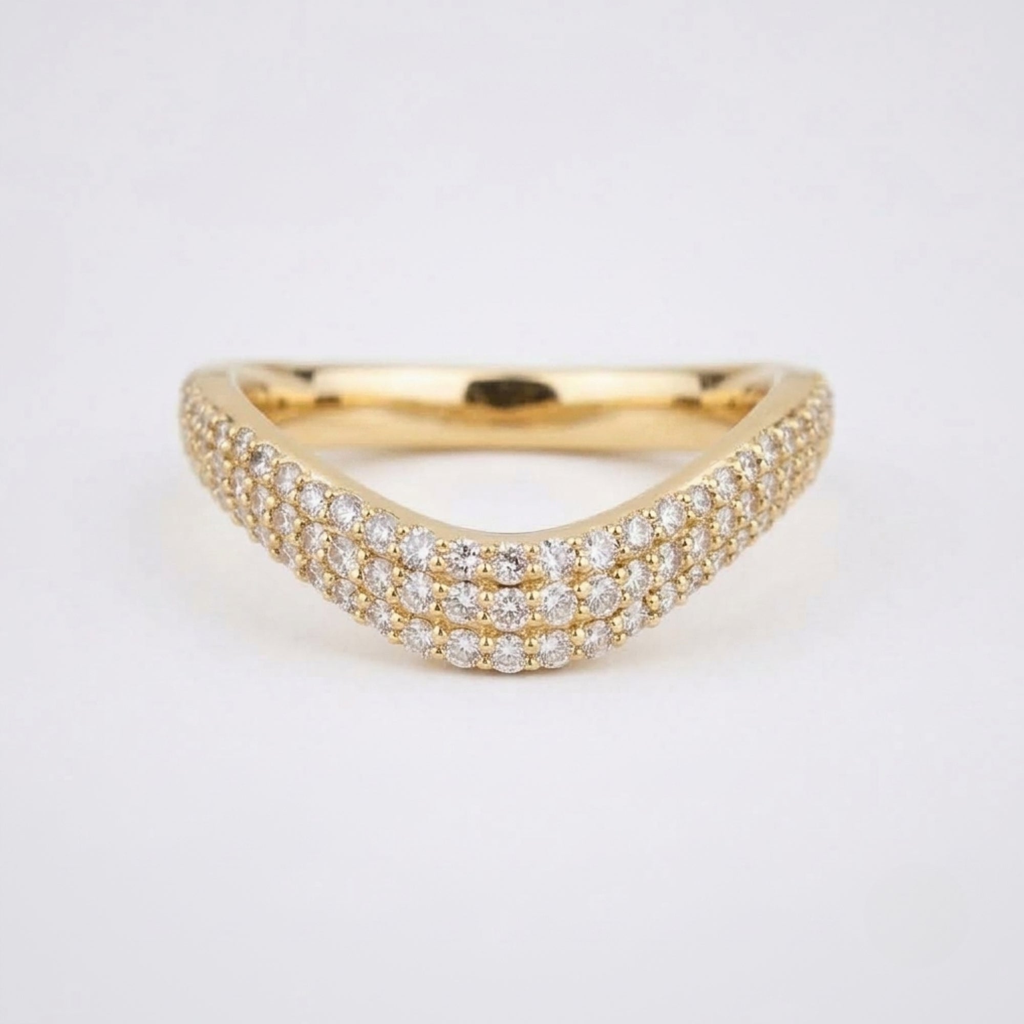 Lab Grown Diamond Triple Row Pave V Shaped Chevron Band Ring in 14K Yellow Gold