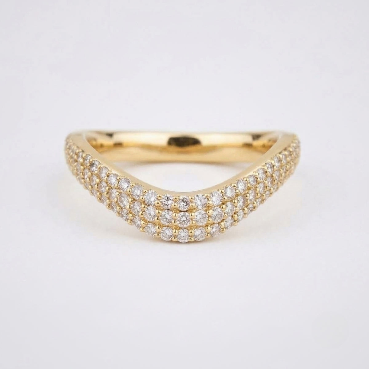 Lab Grown Diamond Triple Row Pave V Shaped Chevron Band Ring in 14K Yellow Gold