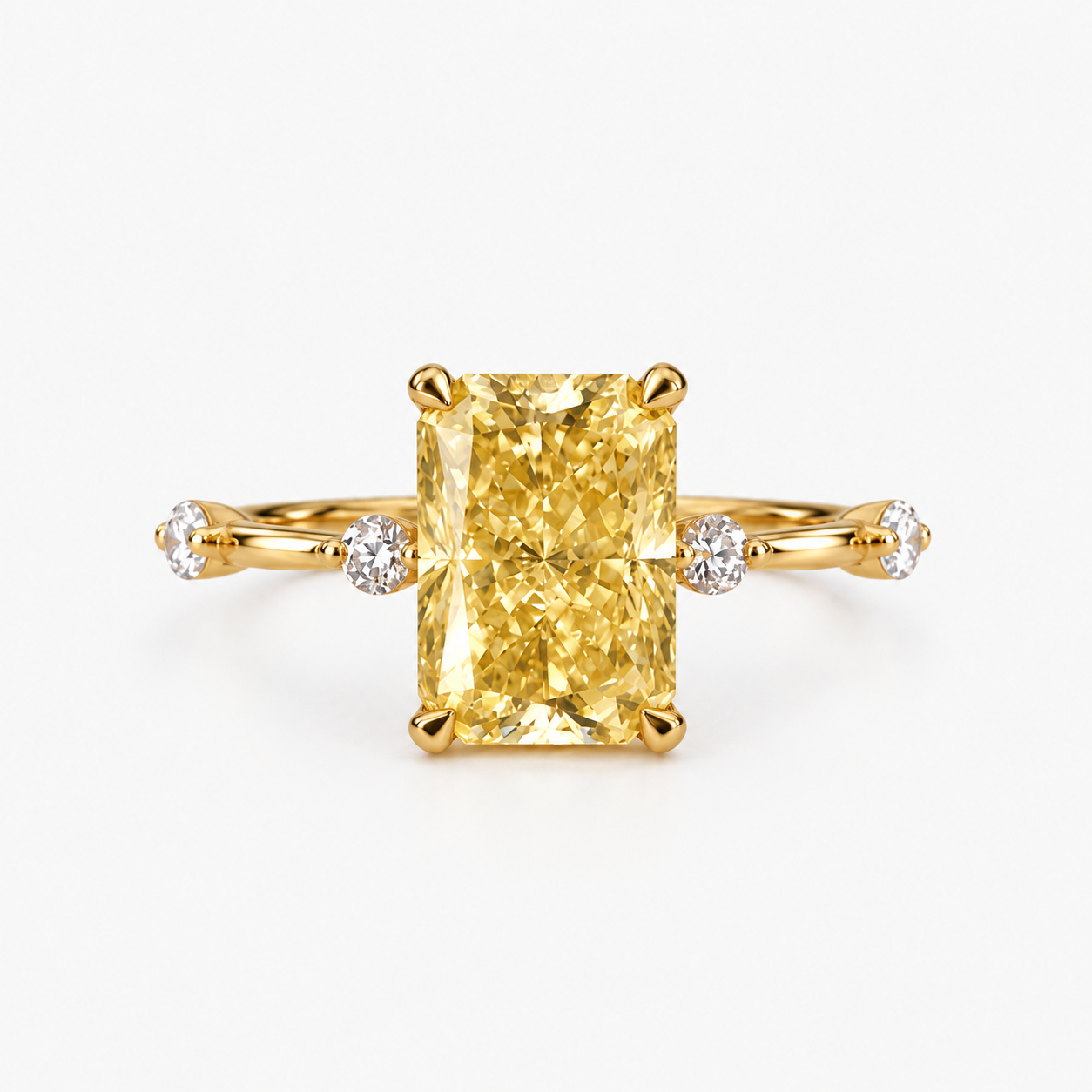 Lab Grown Fancy Yellow Radiant Cut Diamond Solitaire Engagement Ring with Round Diamond Side Accents in 14K Yellow Gold