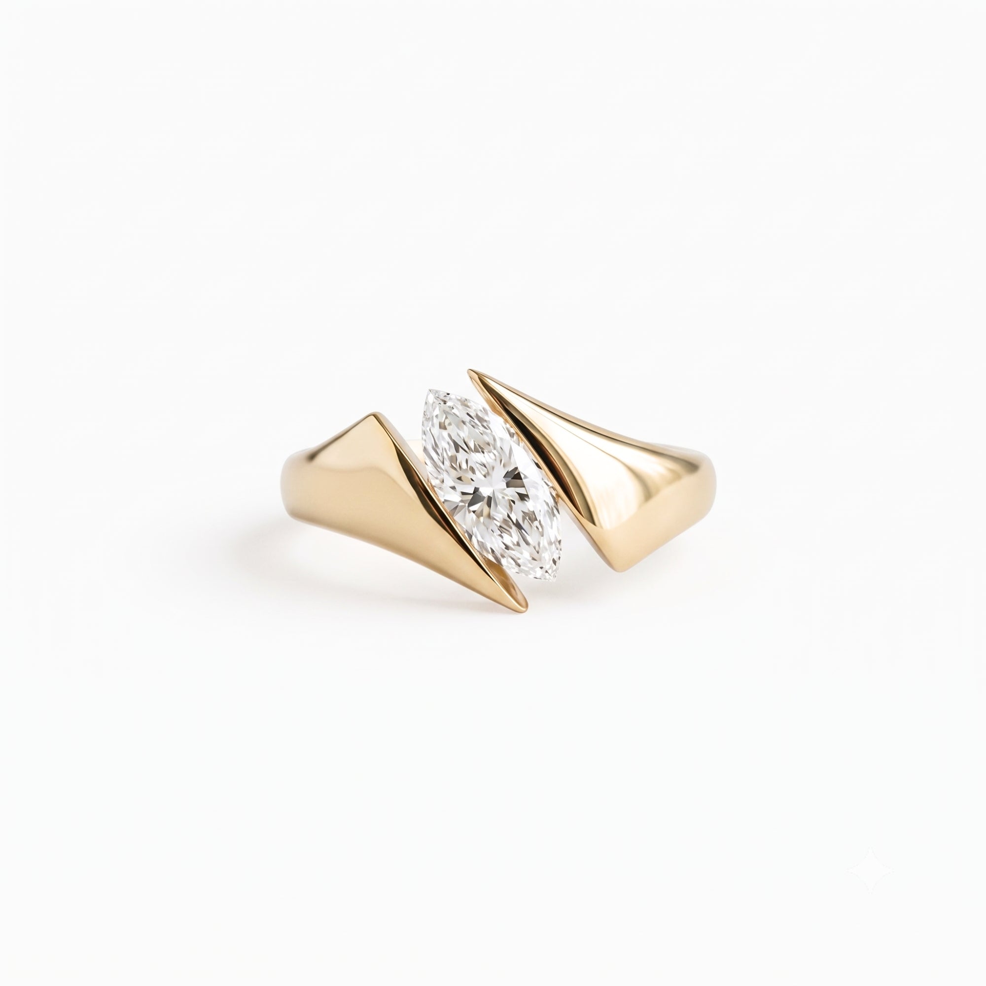 Lab Grown Diamond Marquise Cut Sculptural Winged Asymmetric Bypass Solitaire Engagement Ring IGI Certified in 14K Yellow Gold