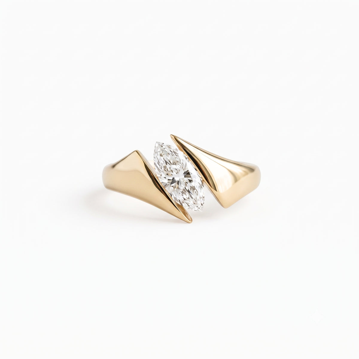 Lab Grown Diamond Marquise Cut Sculptural Winged Asymmetric Bypass Solitaire Engagement Ring IGI Certified in 14K Yellow Gold