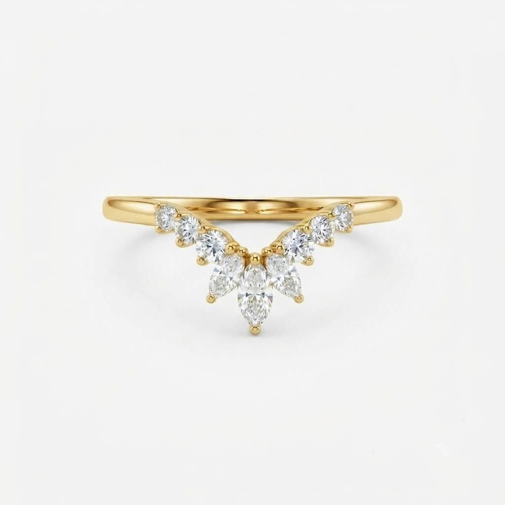 Lab Grown Diamond   Marquise Cut with Round Diamond Side Accents in Pavé Chevron V-Band   Engagement Ring IGI Certified in 14K Yellow Gold