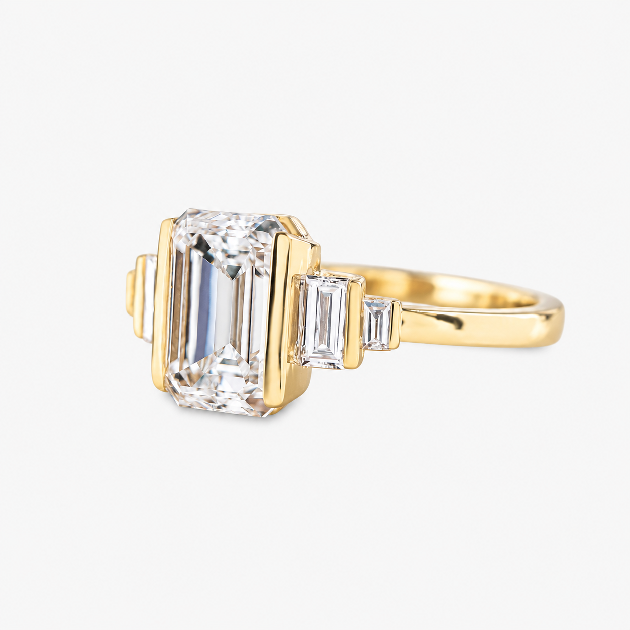 Lab Grown Diamond Emerald Step Cut Bar Set Graduated Baguette Five-Stone Engagement Ring IGI Certified in 14K Yellow Gold